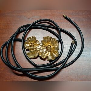 Gold Floral Black Leather Belt Chunky Gold Flower